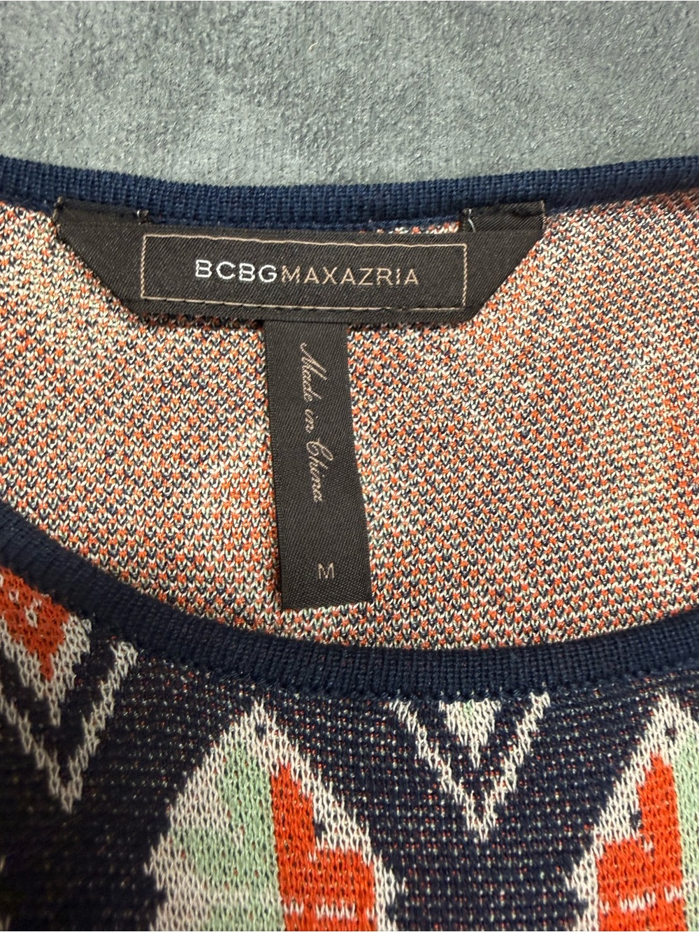 BCBGMaxAzria “Kayla” Silk Knit Coral & Navy Geometric Short-Sleeve Midi Dress - Picture 4 of 11